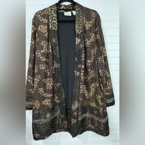 Chico’s women’s animal print shine patchwork duster open evening jacket. Size 3X